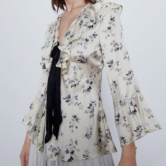 Zara Tied Floral Print Blouse S - Picture 6 of 6